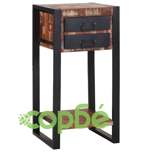 Крайна масичка от рециклирана дървесина с 2 чекмеджета 40x40x80 см ➤ топ цена ➤ sorbe.bg