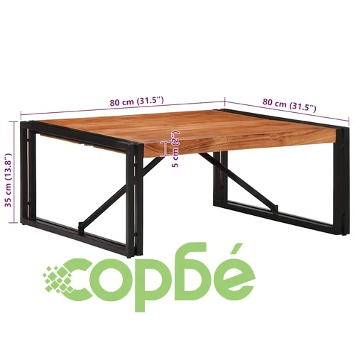 Квадратна масичка за кафе от масивна акация 80x80x35 cm с метална рамка ➤ топ цена ➤ sorbe.bg