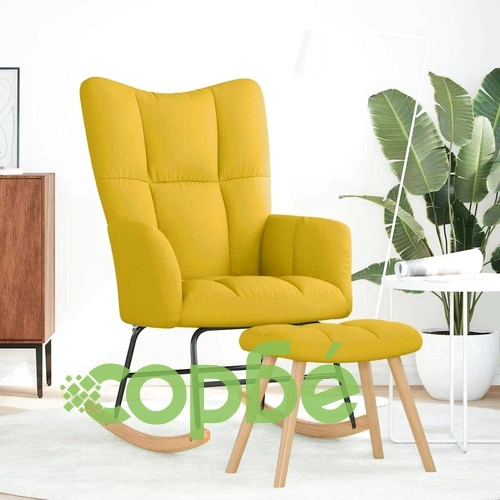 Луксозен люлеещ се стол с табуретка за крака от светложълта полиестерна тъкан ➤ топ цена ➤ sorbe.bg