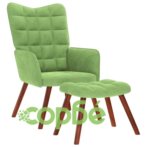 Релаксиращ кадифен стол с табуретка в светлозелено, масивна дървена рамка ➤ топ цена ➤ sorbe.bg