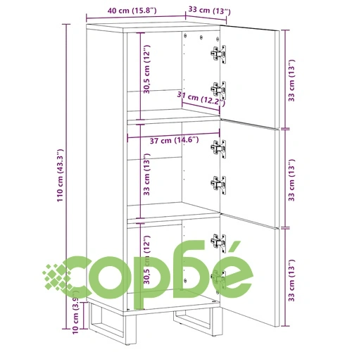 Висок шкаф от мангово дърво 40x33.5x110 см бял и черен с 3 врати ➤ топ цена ➤ sorbe.bg