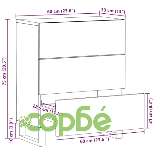 Служебен шкаф от масивно манго дърво 60x33.5x75 см с 3 чекмеджета ➤ топ цена ➤ sorbe.bg