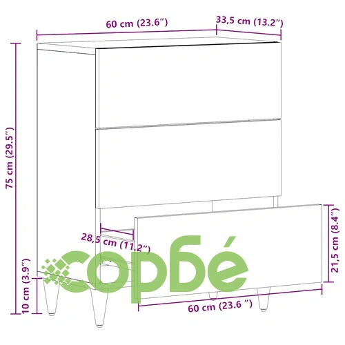 Шкаф от масивно манго дърво 60x33,5x75 cm с 3 чекмеджета ➤ топ цена ➤ sorbe.bg