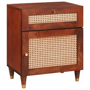 Нощно шкафче от масивно мангово дърво и ратан 50x33x60 см кафяво