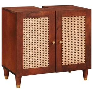 Шкаф за мивка от масивно дърво манго кафяв 62x33x58 см с рафт