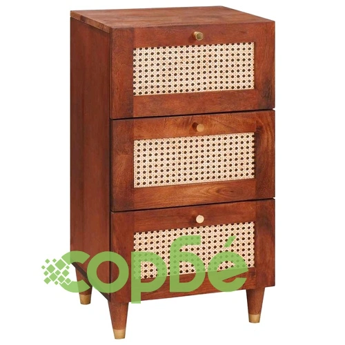 Служебен шкаф с 3 чекмеджета от мангово дърво и ратан 40x33.5x75 см кафяв ➤ топ цена ➤ sorbe.bg
