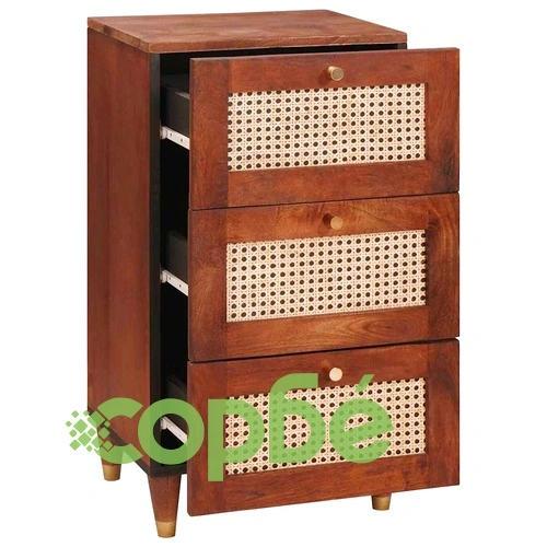 Служебен шкаф с 3 чекмеджета от мангово дърво и ратан 40x33.5x75 см кафяв ➤ топ цена ➤ sorbe.bg