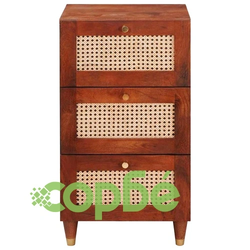 Служебен шкаф с 3 чекмеджета от мангово дърво и ратан 40x33.5x75 см кафяв ➤ топ цена ➤ sorbe.bg