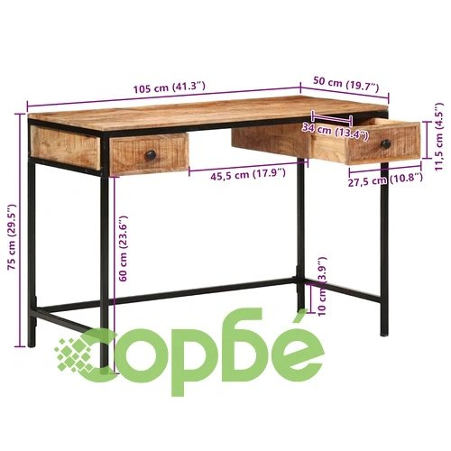 Работно бюро от масивна дървесина манго 105x50x75 см кафяво ➤ топ цена ➤ sorbe.bg