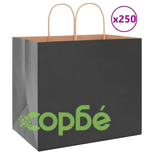 Хартиени торбички с дръжки - черни, 32x22x28 см, 250 бр., крафт хартия ➤ топ цена ➤ sorbe.bg