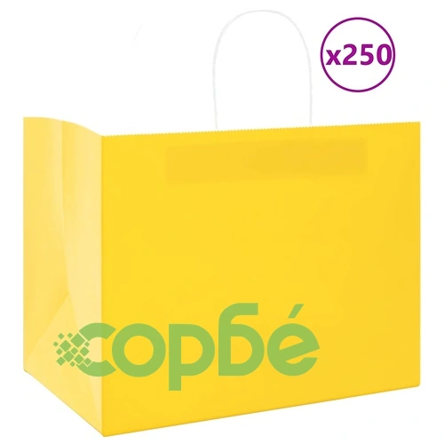 Хартиени торбички с дръжки - 250 бр., жълти, 32x22x24 см, крафт хартия ➤ топ цена ➤ sorbe.bg