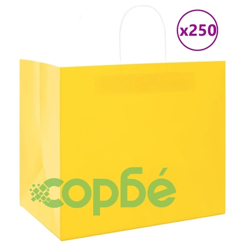 Хартиени торбички с дръжки - 250 бр., жълти, 32x22x28 см, крафт хартия ➤ топ цена ➤ sorbe.bg