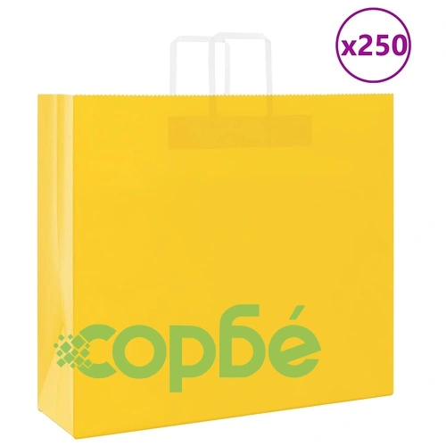 Хартиени торбички с дръжки, жълти, 250 бр., размер 54x15x49 см, крафт хартия ➤ топ цена ➤ sorbe.bg