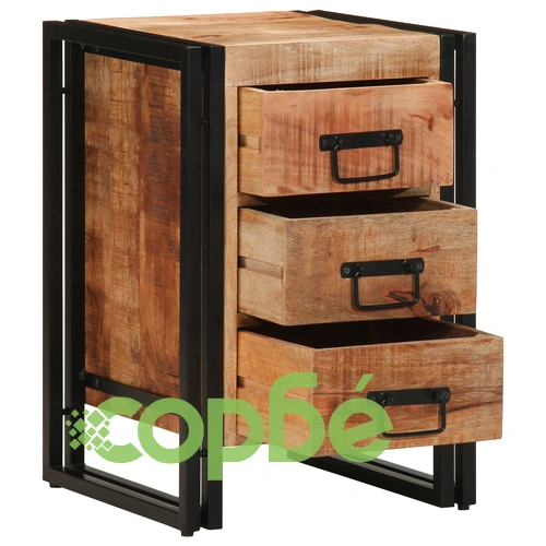 Нощно шкафче от масивно мангово дърво 40x35x50 см с 3 чекмеджета в индустриален стил ➤ топ цена ➤ sorbe.bg