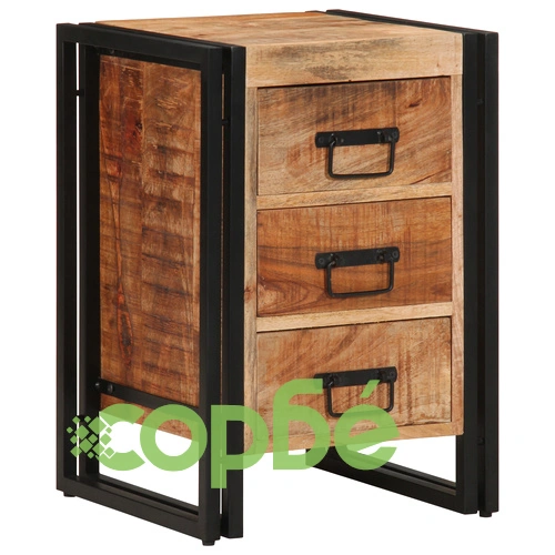 Нощно шкафче от масивно мангово дърво 40x35x50 см с 3 чекмеджета в индустриален стил ➤ топ цена ➤ sorbe.bg