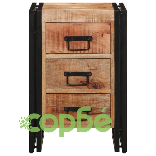 Нощно шкафче от масивно мангово дърво 40x35x50 см с 3 чекмеджета в индустриален стил ➤ топ цена ➤ sorbe.bg