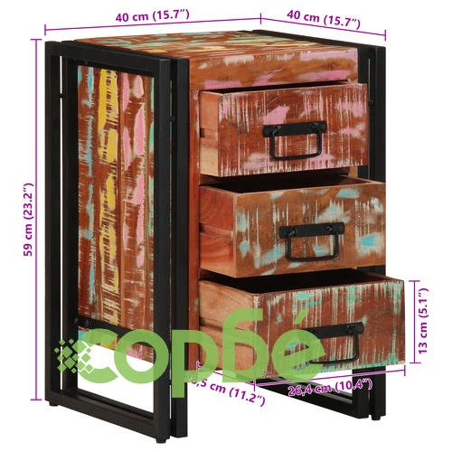 Нощно шкафче от масивно регенерирано дърво с три чекмеджета 40x35x50 см ➤ топ цена ➤ sorbe.bg