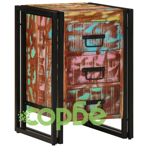 Нощно шкафче от масивно регенерирано дърво с три чекмеджета 40x35x50 см ➤ топ цена ➤ sorbe.bg