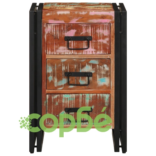 Нощно шкафче от масивно регенерирано дърво с три чекмеджета 40x35x50 см ➤ топ цена ➤ sorbe.bg