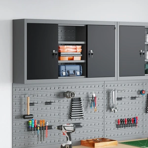Стенен инструментален шкаф с перфорирана дъска, черен, 100x20x55 см, стомана