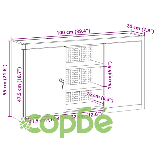 Стенен инструментален шкаф с перфорирана дъска, черен, 100x20x55 см, стомана ➤ топ цена ➤ sorbe.bg