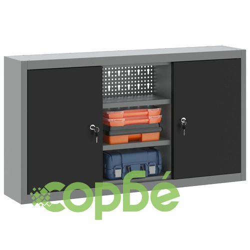 Стенен инструментален шкаф с перфорирана дъска, черен, 100x20x55 см, стомана ➤ топ цена ➤ sorbe.bg