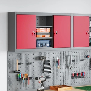 Стенен инструментален шкаф с перфориран панел - червен, 100x20x55 см, стомана