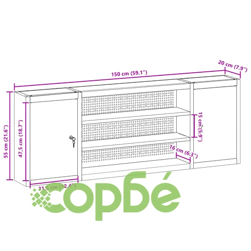 Стенен шкаф за инструменти с перфориран панел от стомана, черен, 150x20x55 см ➤ топ цена ➤ sorbe.bg