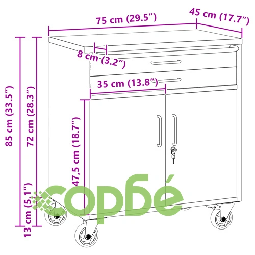Инструментален шкаф с колела и заключващи се врати, стоманен, червен, 75x45x85 см ➤ топ цена ➤ sorbe.bg