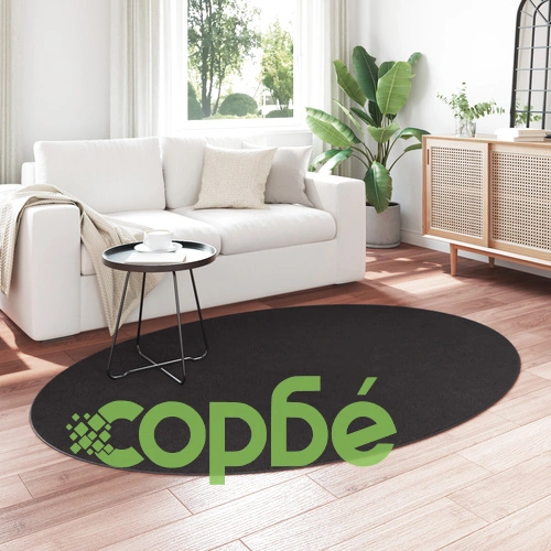 Черен кръгъл килим от полиестер 140 x 200 см с неплъзгаща основа ➤ топ цена ➤ sorbe.bg