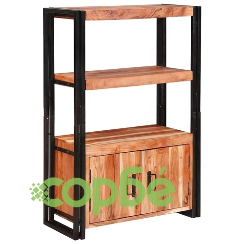 Рафт за книги с 2 врати от масивна акациева дървесина и метал 72x33x110 см ➤ топ цена ➤ sorbe.bg