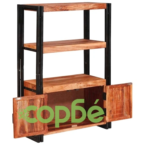 Рафт за книги с 2 врати от масивна акациева дървесина и метал 72x33x110 см ➤ топ цена ➤ sorbe.bg