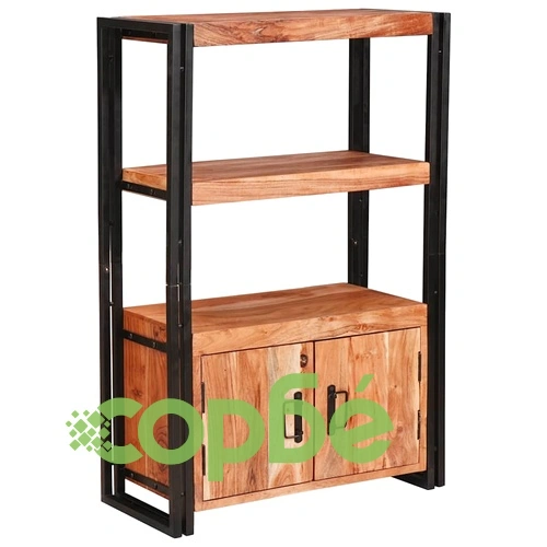 Рафт за книги с 2 врати от масивна акациева дървесина и метал 72x33x110 см ➤ топ цена ➤ sorbe.bg