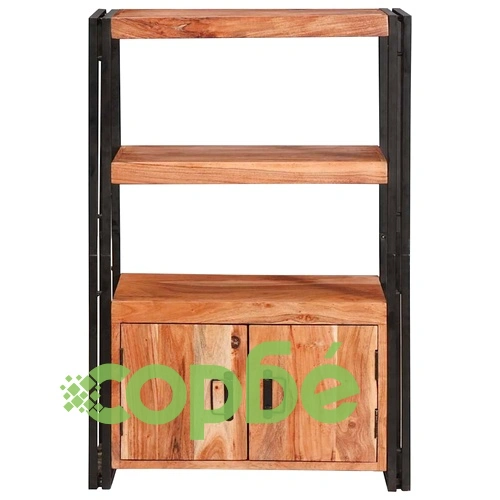 Рафт за книги с 2 врати от масивна акациева дървесина и метал 72x33x110 см ➤ топ цена ➤ sorbe.bg