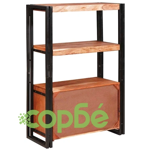 Рафт за книги с 2 врати от масивна акациева дървесина и метал 72x33x110 см ➤ топ цена ➤ sorbe.bg