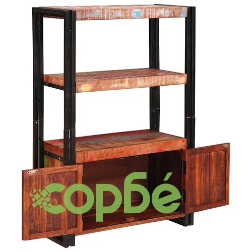 Рафт за книги с 2 вратички от рециклирано дърво и метал 72x33x110 см ➤ топ цена ➤ sorbe.bg