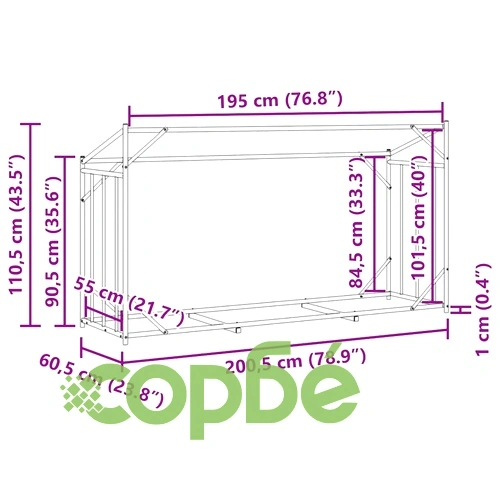Стойка за дърва за огрев с дъждобран от поцинкована стомана, 200,5x60,5x110,5 см ➤ топ цена ➤ sorbe.bg