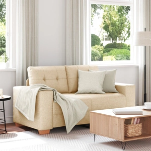 Кремав Двуместен Текстилен Диван с Метален Каркас и Дървени Крака, 120 см