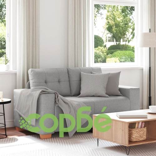 Светлосив двуместен диван от текстил и дърво с правоъгълна форма ➤ топ цена ➤ sorbe.bg