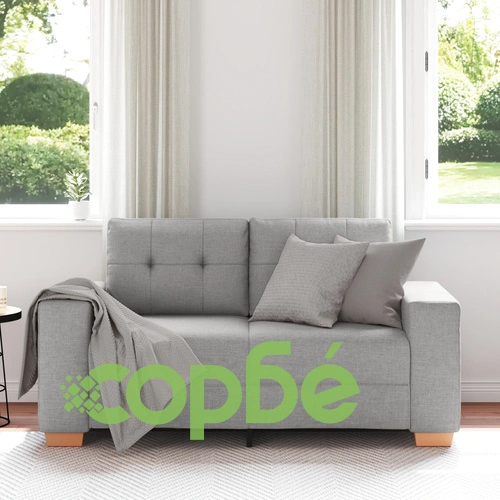 Светлосив двуместен диван от текстил и дърво с правоъгълна форма ➤ топ цена ➤ sorbe.bg