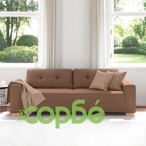 Голям 3-местен диван с кафява полиестерна тапицерия, дървен корпус и свалящи се калъфи ➤ топ цена ➤ sorbe.bg
