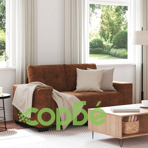 Двуместен кафяв диван с дървена рамка и текстилна тапицерия ➤ топ цена ➤ sorbe.bg