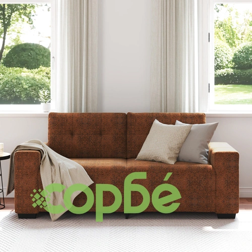 Триместен диван с тъмнокафява полиестерна тапицерия и дървена рамка, 140x55x45 см ➤ топ цена ➤ sorbe.bg