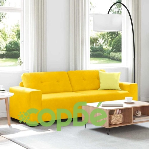 Тримесен диван от жълто кадифе 221x78x80 см с дървена рамка ➤ топ цена ➤ sorbe.bg