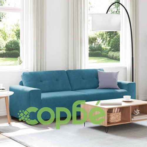 Кадифен син 3-местен диван от полиестер - стилен и издръжлив ➤ топ цена ➤ sorbe.bg