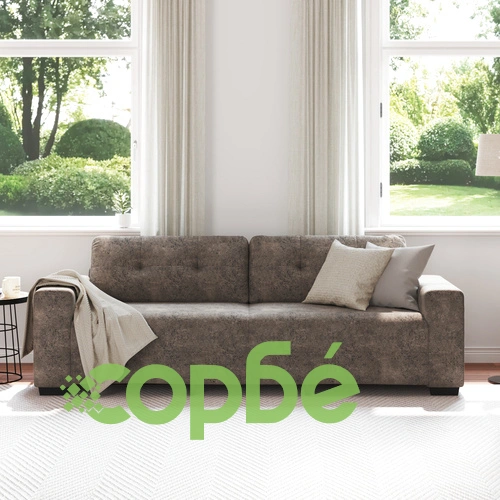 Голям триместен диван от полиестерен текстил в тъмно сив цвят с дървена рамка ➤ топ цена ➤ sorbe.bg