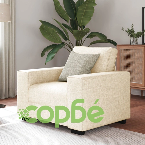 Съвременен Кремав Плат Фотьойл с Дървена Конструкция - Правоъгълен Дизайн ➤ топ цена ➤ sorbe.bg