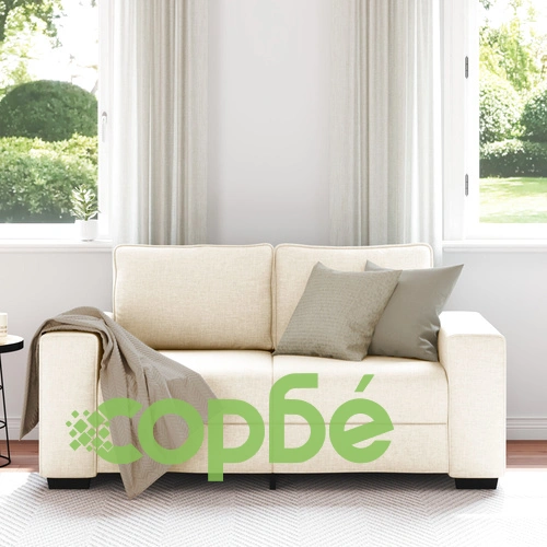 Двуместен диван с бежова текстилна тапицерия и дървени крака - със свалящи се калъфи ➤ топ цена ➤ sorbe.bg