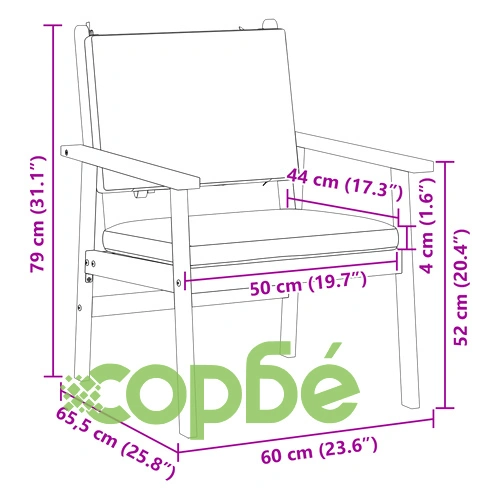 Градински столове 2 броя с възглавници от масивна акация 59.5 x 65.5 x 79 см ➤ топ цена ➤ sorbe.bg