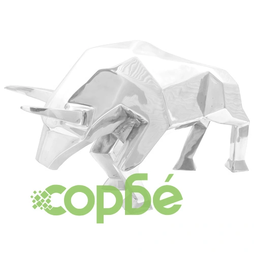 Скулптура на бик от алуминий, сребрист цвят, 74x23x39 см, декоративна фигура ➤ топ цена ➤ sorbe.bg